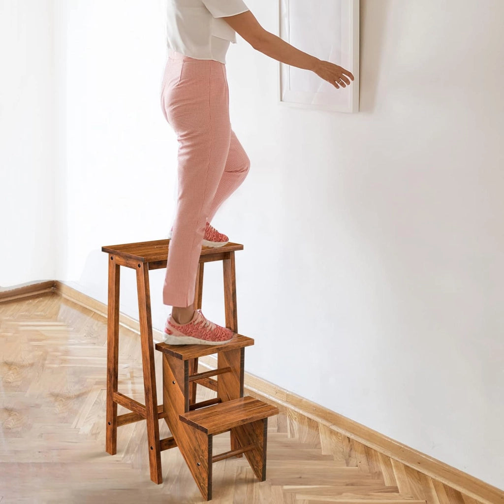 Sedia a Scala in Legno a 3 Livelli, Sgabello a Scala Multifunzionale Pieghevole, Altezza 76 cm, Portata Totale 310 kg, 2 Colori