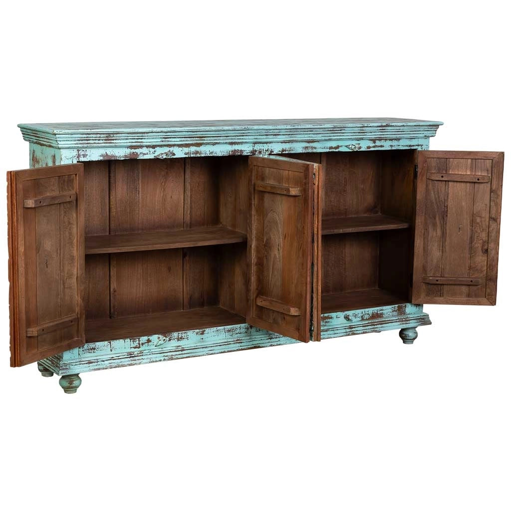 Credenza a 4 ante in legno con finitura verde anticato, cm 180x42x101h