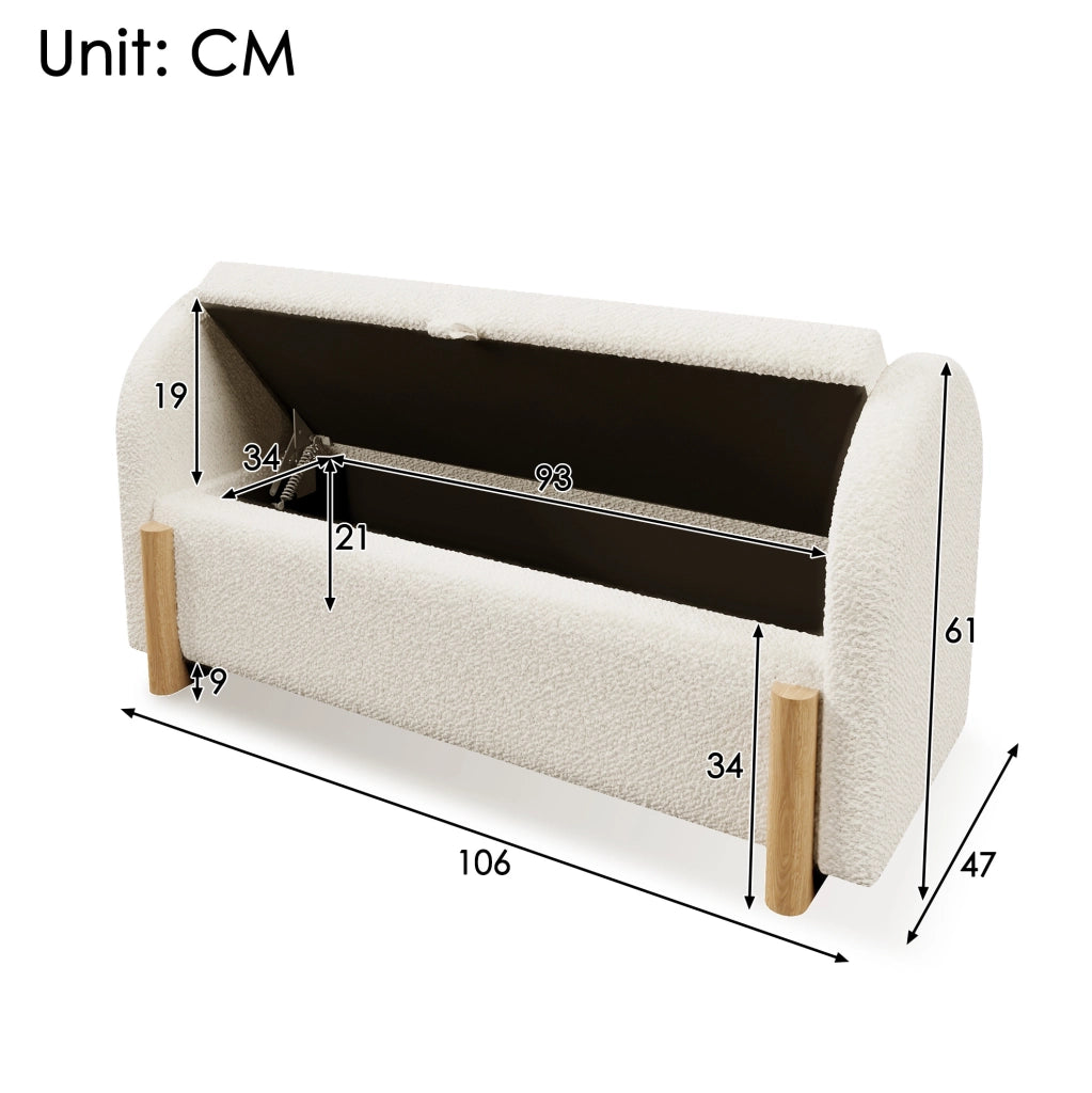 Panca contenitore imbottita con apertura idraulica 106x47x61 cm; bouclé bianco