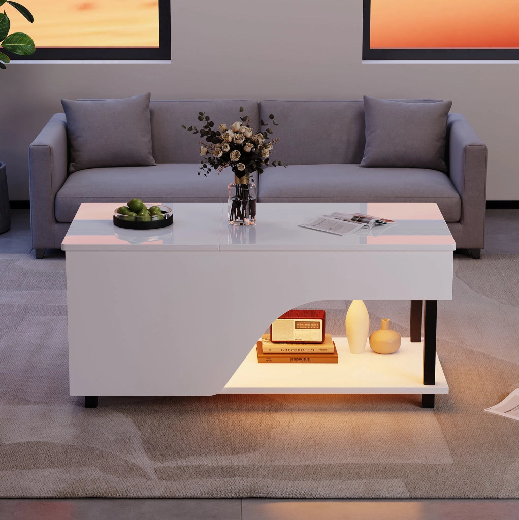 Tavolino da salotto 50x100x46 cm; altezza regolabile con vano nascosto; truciolato; bianco