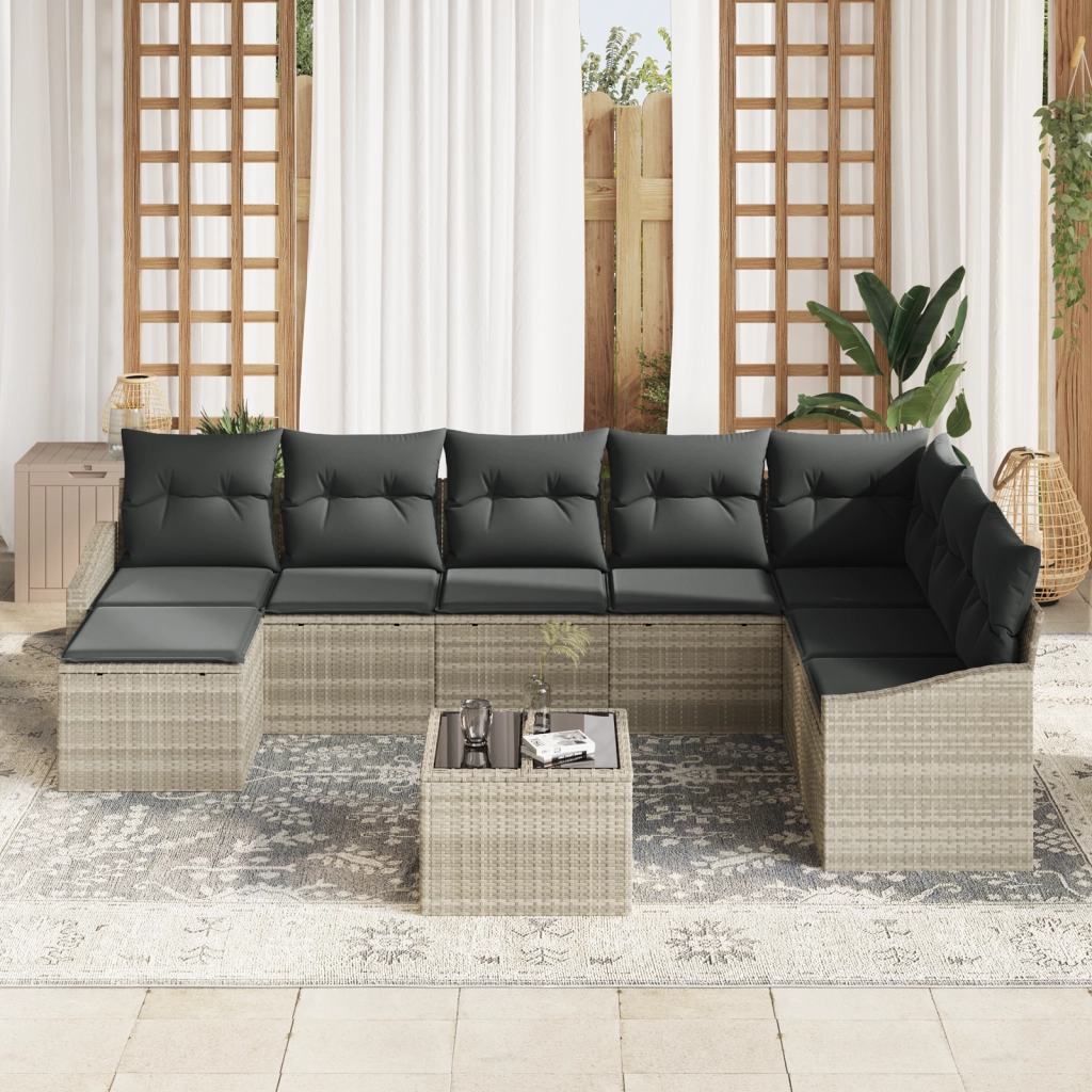 Set di divani da giardino da 9 pezzi con cuscini Grigio Polirattan