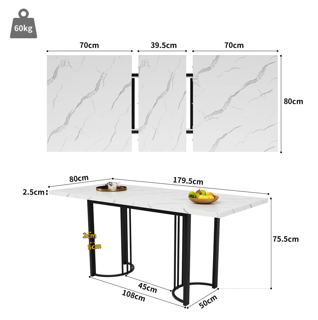 Set da pranzo 5 pezzi; tavolo allungabile 140x80x75.5 cm in MDF e metallo; nero e bianco
