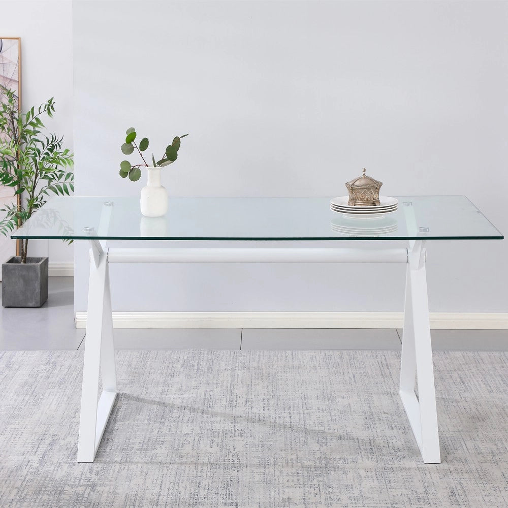Tavolo da Pranzo Skylar 150×90 cm in Vetro Temperato con Gambe a Cavalletto bianco