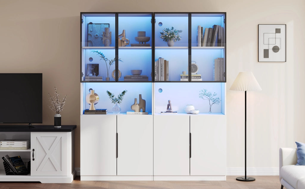 VETRINA con LED 160x30x200 cm Bianco in truciolare con ante in vetro