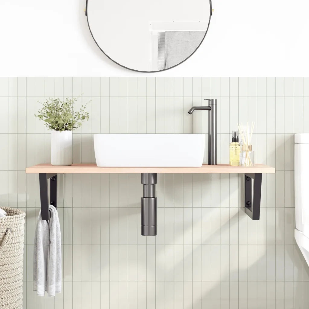 Ripiano a Parete per Lavabo-Mensole a Muro in Acciaio e Massello di Rovere 696558