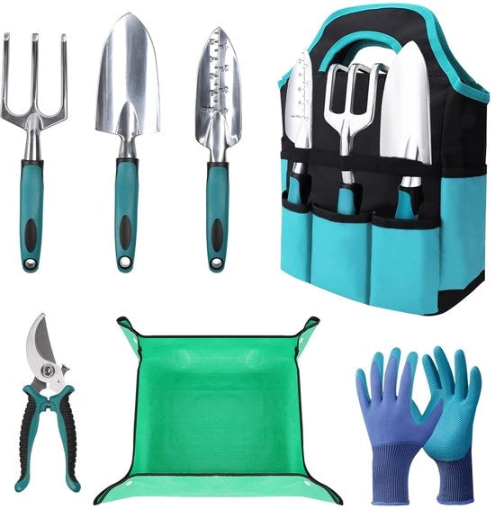Kit di attrezzi da giardinaggio, set di attrezzi da giardinaggio, lega di alluminio leggero, resistente all'ossidazione, set di attrezzi da giardinaggio, ideale per il giardino, attrezzi da giardinaggio con guanti (verde scuro, 7 pezzi)