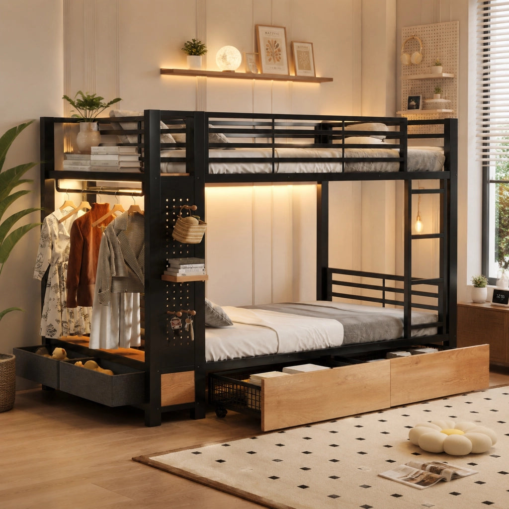 Letto a castello 90 × 200 cm con 4 cassetti, barra appendiabiti e luce LED, senza materasso, in metallo e MDF, nero
