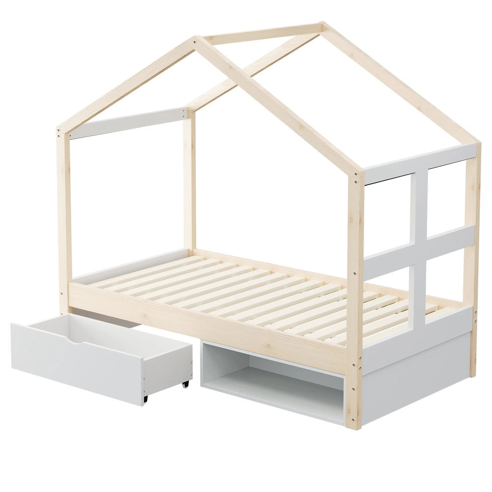 Letto singolo con cassetti e armadietto scarpe - Zephmum- 90x190 cm, LED multicolore, colore legno