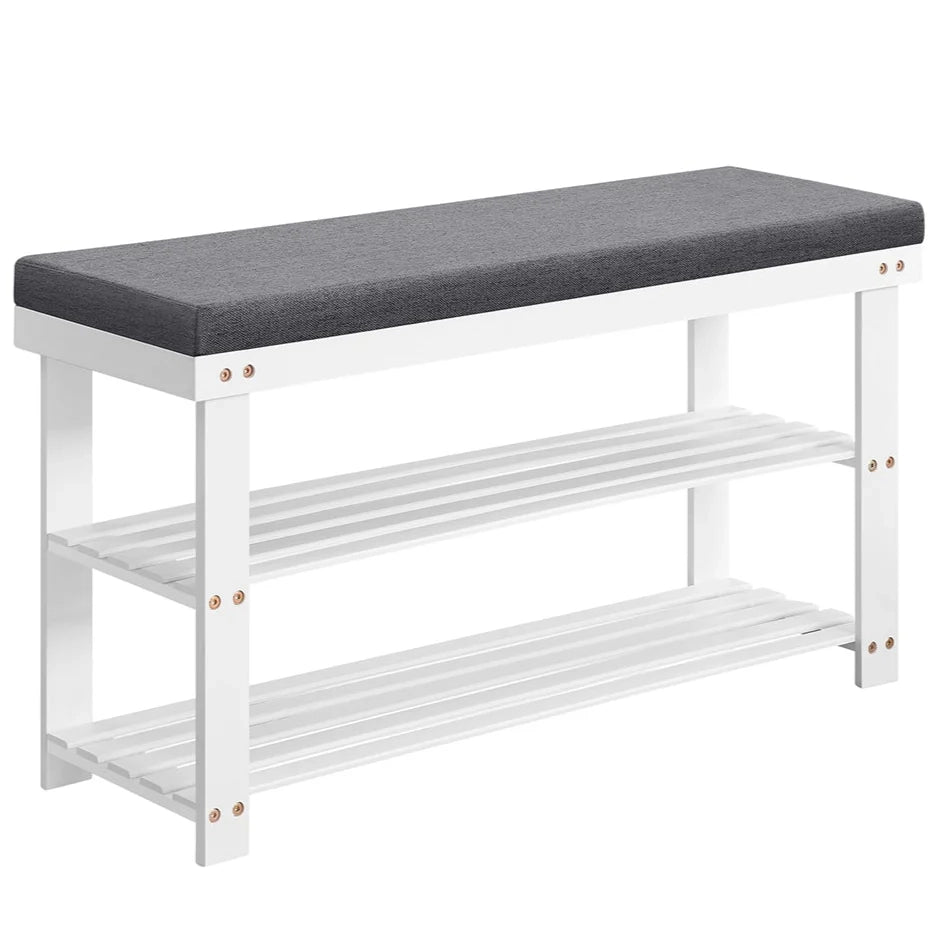 Panca portascarpe 29 x 90 x 49 cm Scarpiera in bambù con 2 ripiani Organizzatore stabile per corridoio Soggiorno Posti a sedere fino a 136 kg Bianco 12_0004134