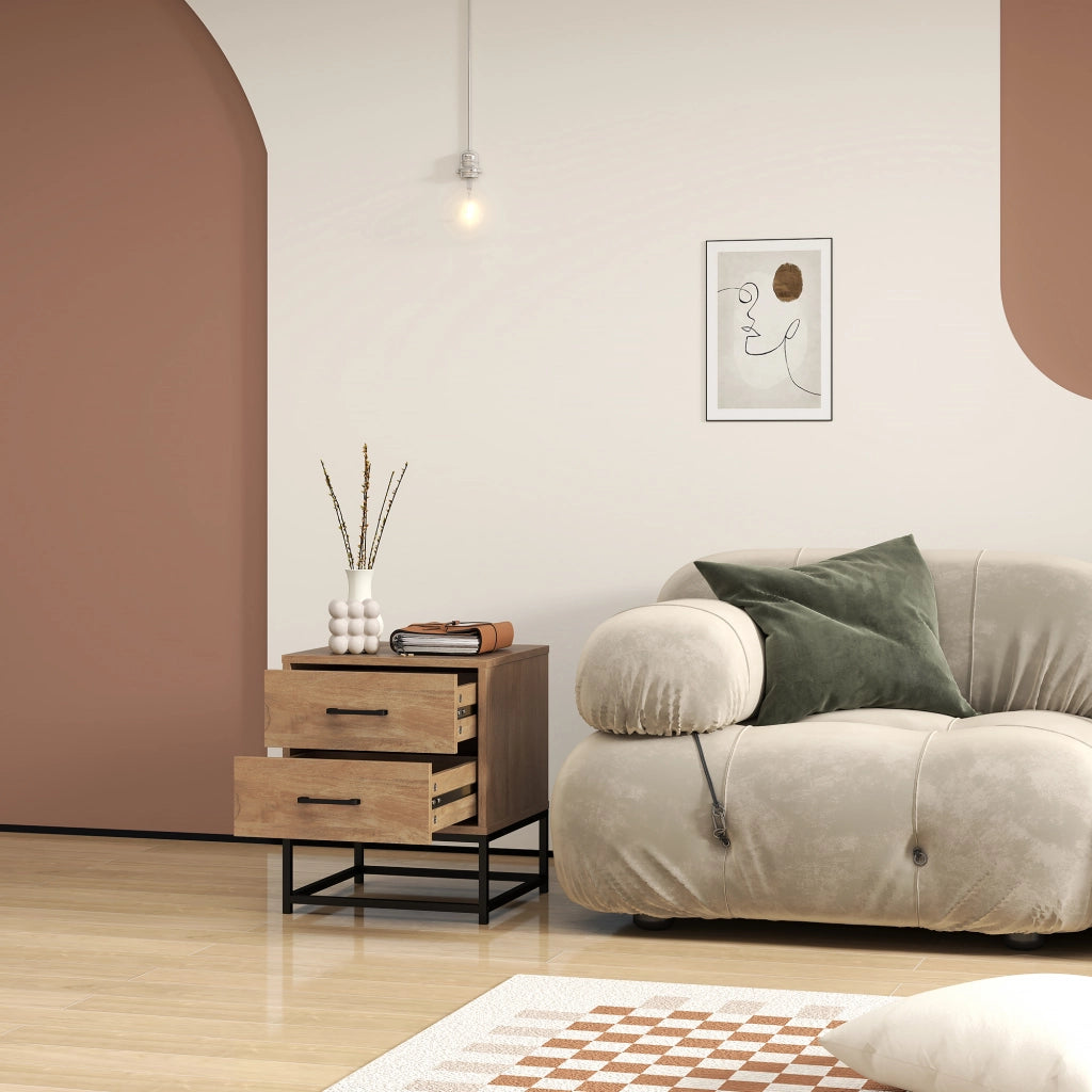 Set di 2 Comodini con 2 Cassetti Stile Industriale in Legno e Acciaio, Colore Legno