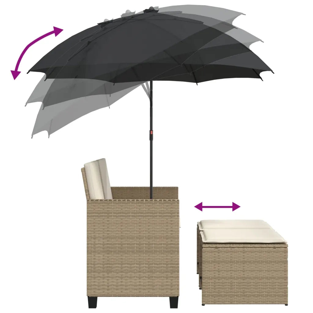 Divano Giardino 2Posti Ombrellone e Sgabelli Beige Polyrattan 365886