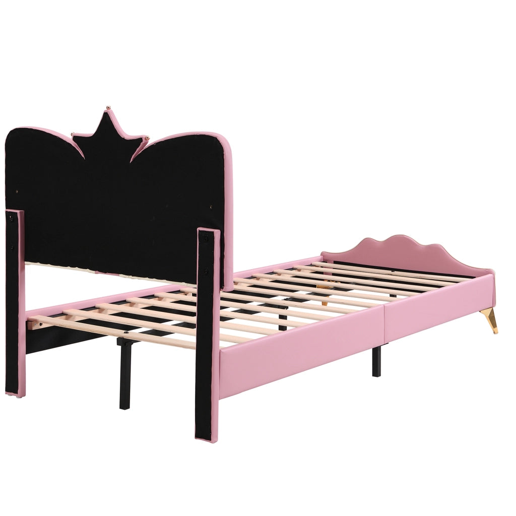 Letto per Bambini 90x200 cm; Singolo - Testiera a Corona e Bordi Imbottiti - PU - Rosa