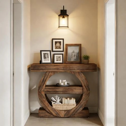 consolle rustica a tre ripiani aperti in legno marrone rustico per soggiorno e ingresso 105 × 30 × 85 cm