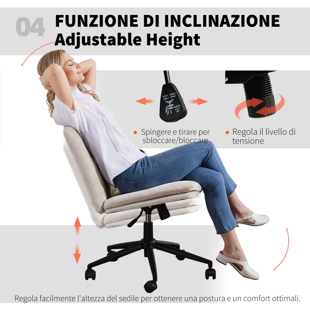 Sedia da Ufficio Regolabile. Inclinabile e Girevole. in Tessuto Chenille e Acciaio. 62x67x83-93 cm. Beige