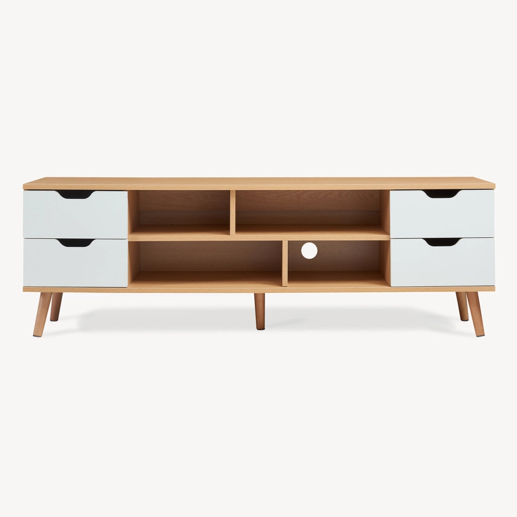Mobile Porta TV Bordkak con 4 Cassetti a Scomparti Aperti 140 x 30 x 45 cm - Effetto Rovere / Bianco [en.casa]