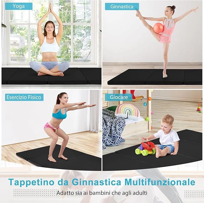 Tappetino da Ginnastica con Maniglia, Gancio, Chiusura a Cerniera e Copertura in Pelle PU Staccabile, Tappetino da Esercizio Pieghevole per Yoga, Stretching e Aerobica(Nero)