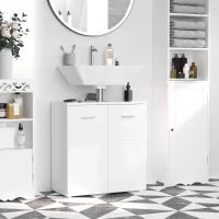 kleankin Mobile Sottolavabo per Bagno a 2 Ante, Armadietto Salvaspazio per Lavandino in Legno con Mensola Regolabile, Bianco Lucido
