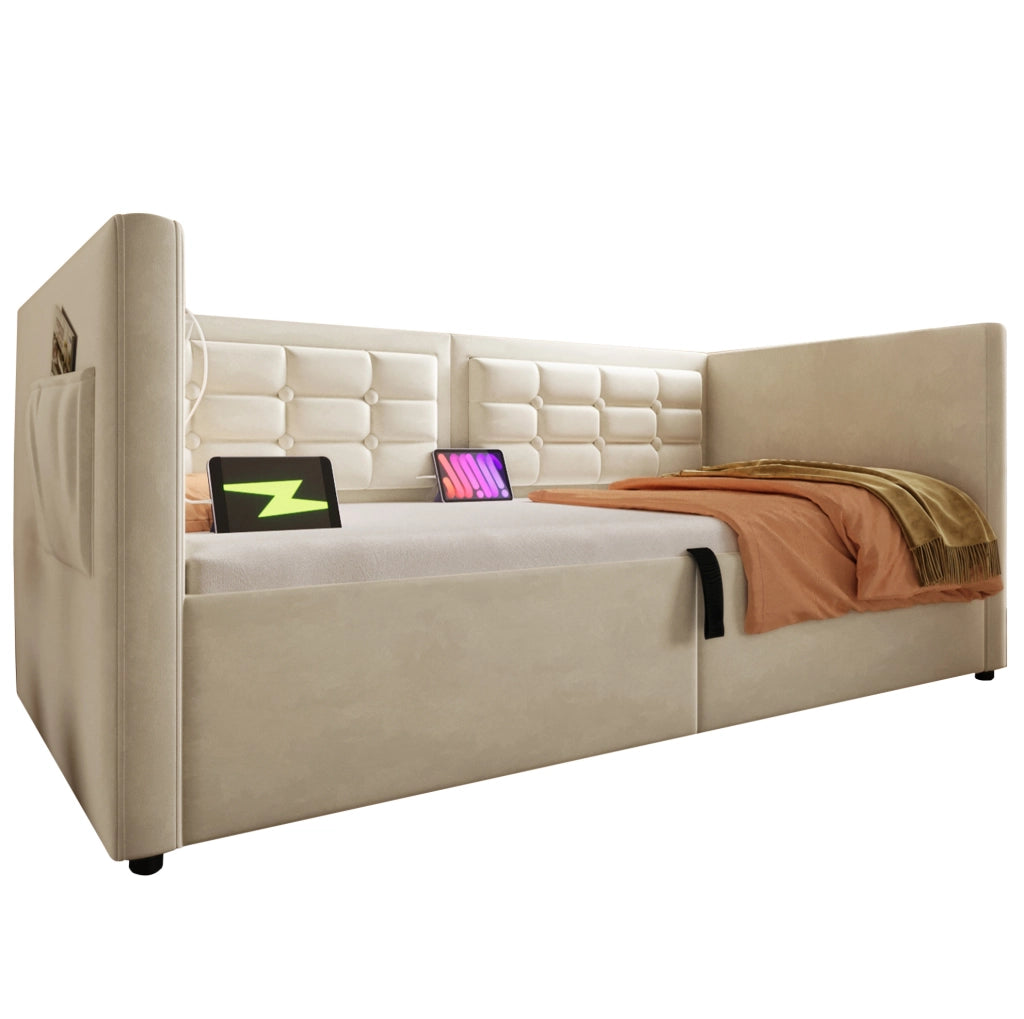 Letto divano imbottito 90x200 cm con contenitore idraulico, ricarica USB e Type-C, beige
