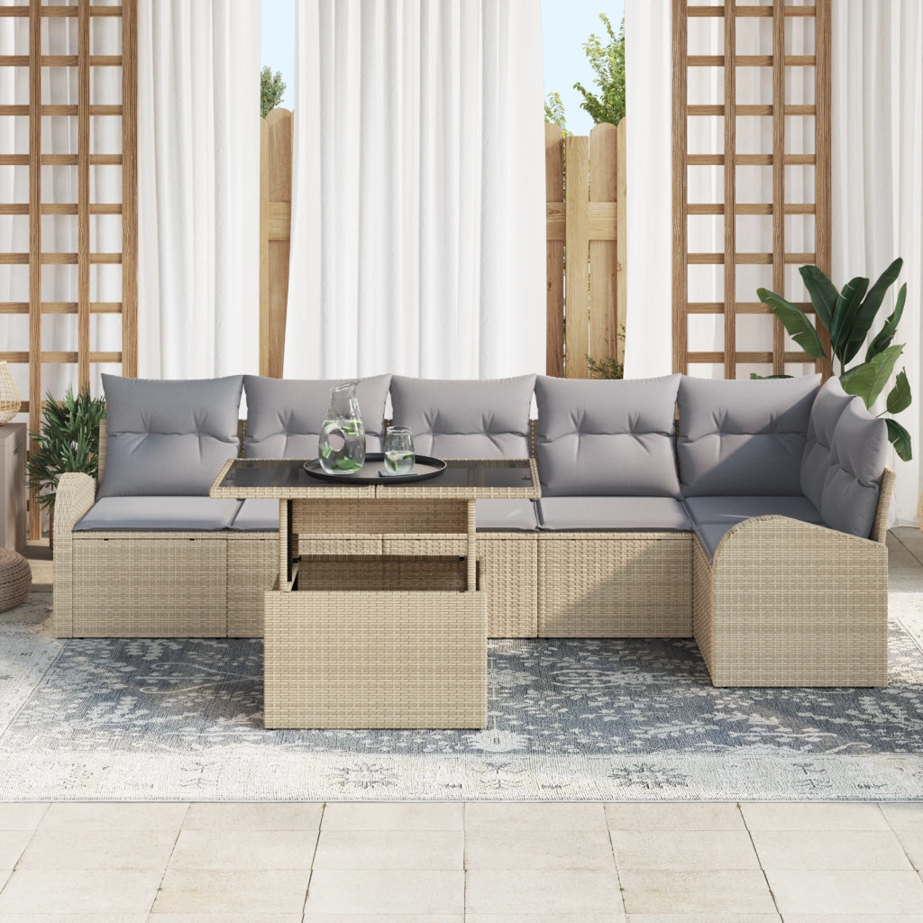 Set Divano da Giardino 7 Pezzi con Cuscini Beige Poly Rattan