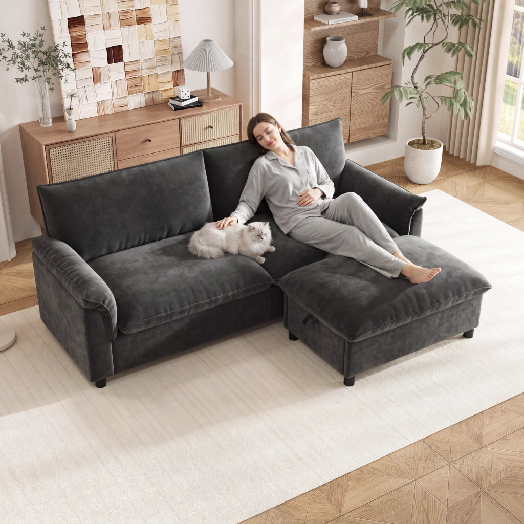 Divano modulare con pouf contenitore funzione letto temporaneo schienale alto in chenille nero 216 × 77 × 82 cm