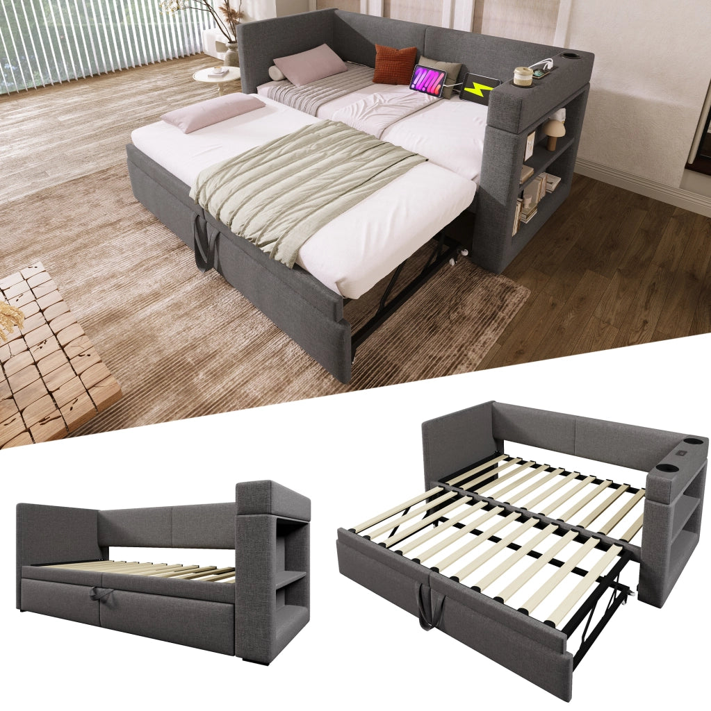 Daybed estraibile 90x200 cm grigio con USB-C e portabicchieri