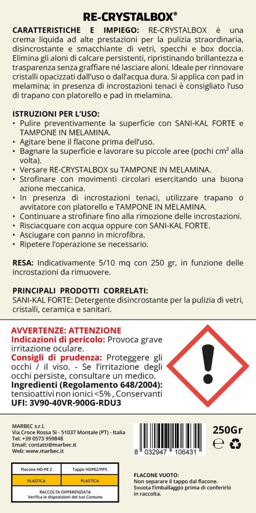 Crema lucidante vetro doccia, rimuove calcare e ripristina brillantezza Marbec RE-CRYSTALBOX® 250GR