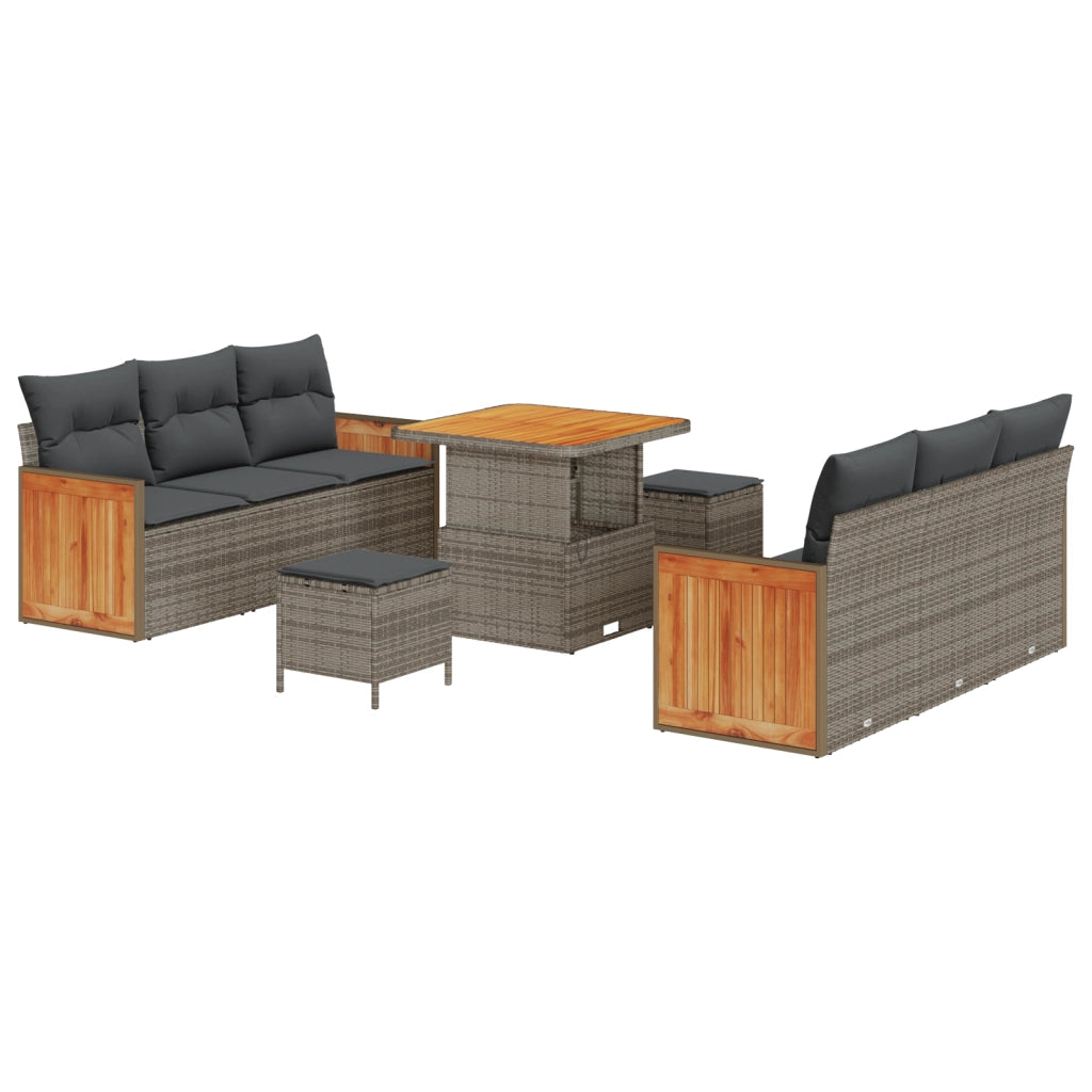 Set Divano da Giardino 9 Pezzi con Cuscini Rattan Polipropilene Grigio Acacia