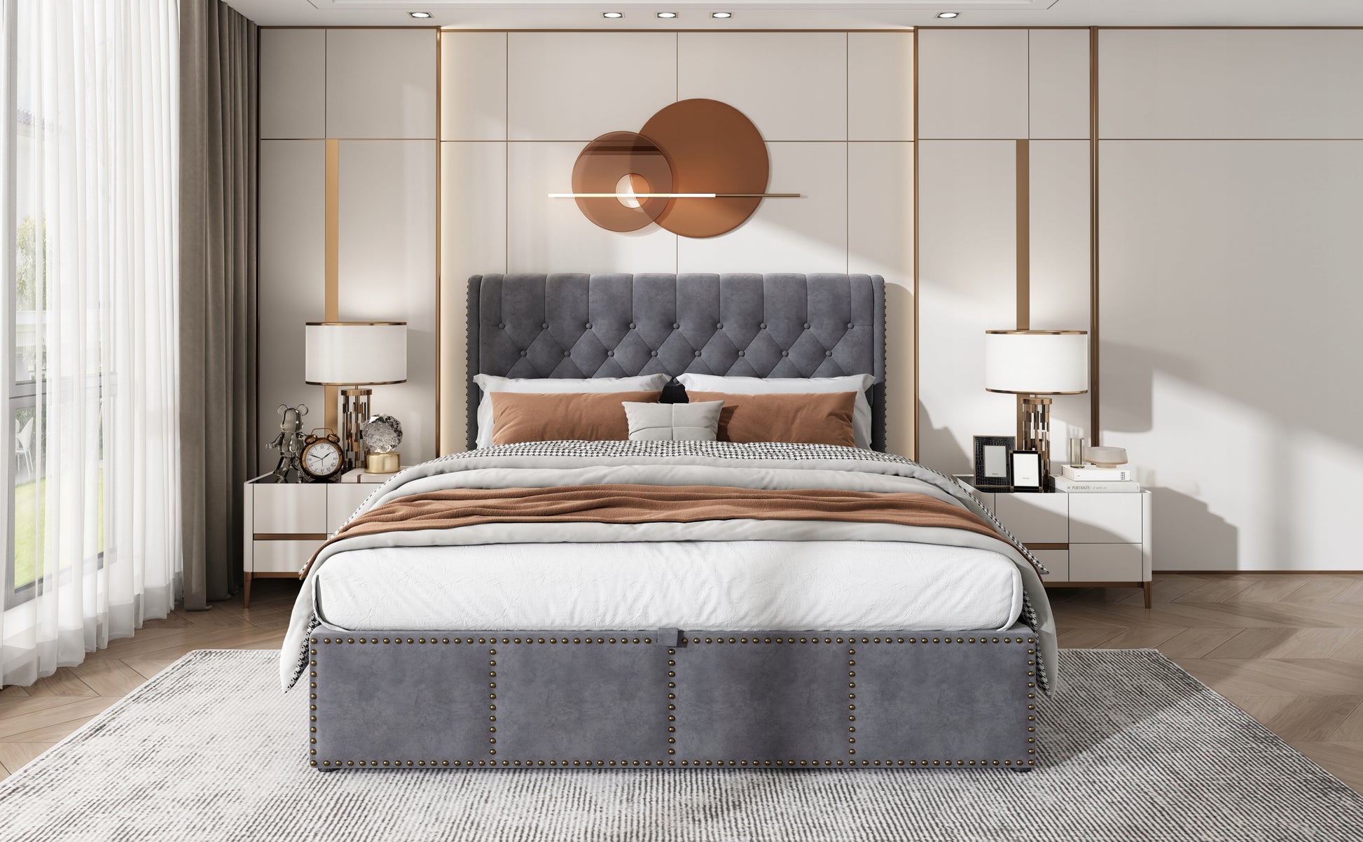 Letto 140x190cm - Xylo - Velluto, Idraulico, Rivetti, Grigio