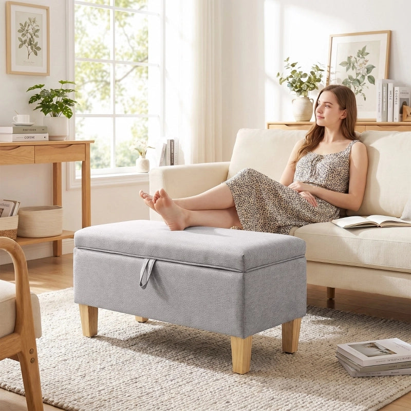 Panca contenitore imbottita con vano portaoggetti in effetto lino e gambe in legno, grigio chiaro 71 × 37 × 36 cm