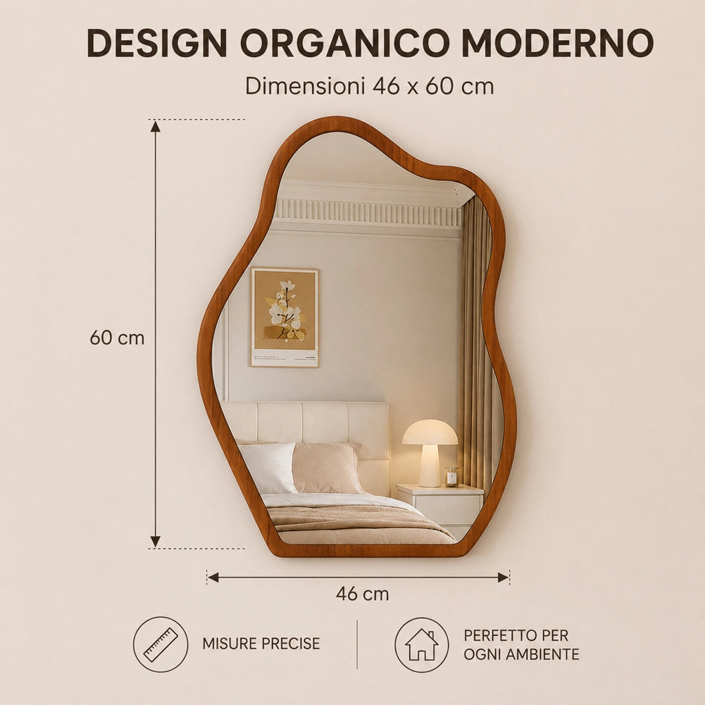 Specchio Asimmetrico da Parete Noce Cornice Legno Decorazione Interni 46x60 cm