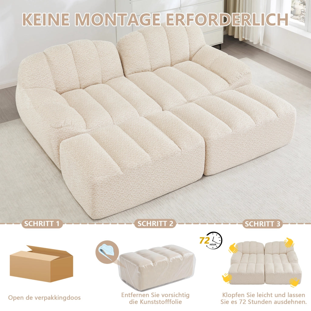 Divano modulare 2 posti con ottomano; schiuma 32D; schienale ergonomico; in pile granulato beige bianco