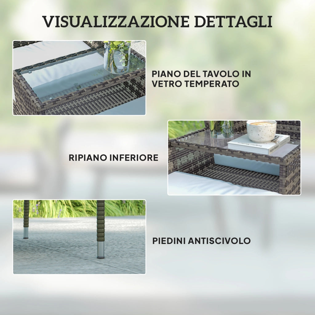 Panchina da Esterno 2 Posti con Tavolino da Caff¨¨, in Acciaio e Rattan PE, 137x59x82 cm, Grigio