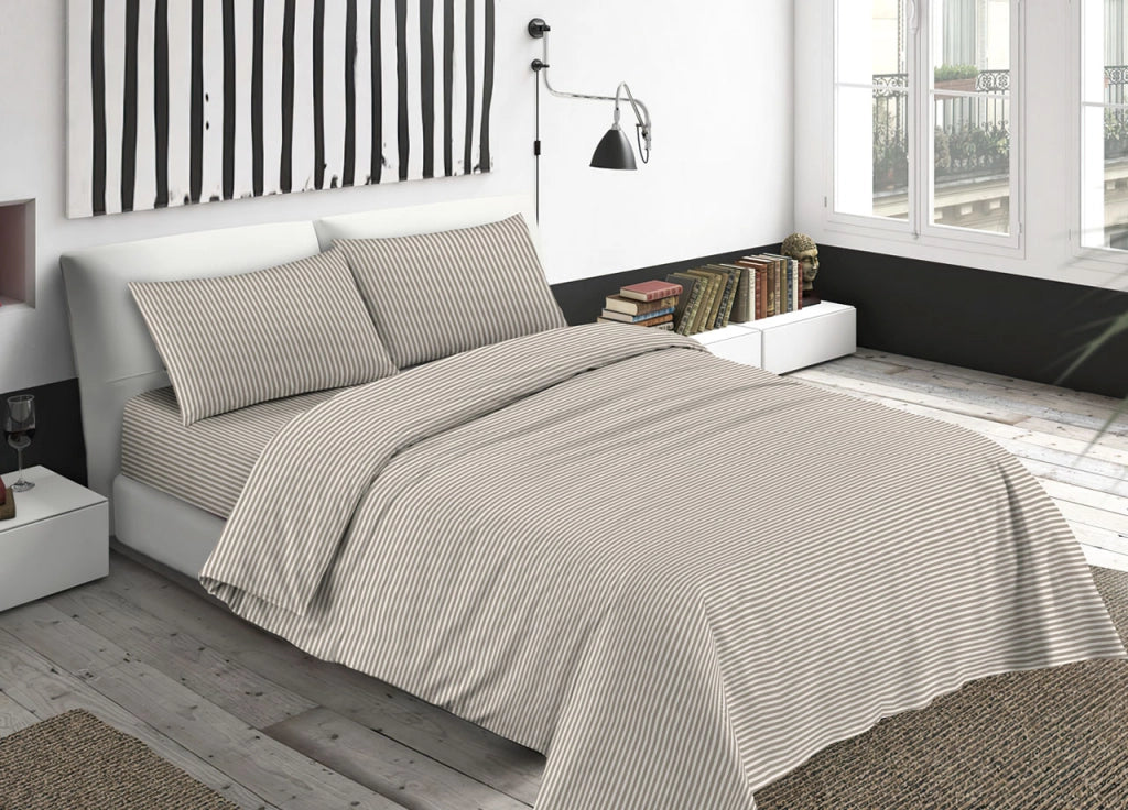 Completo Lenzuola Letto Camera In 100% Cotone Made Italy Vari Disegni RP - 2 Piazze - Bastoncino Beige