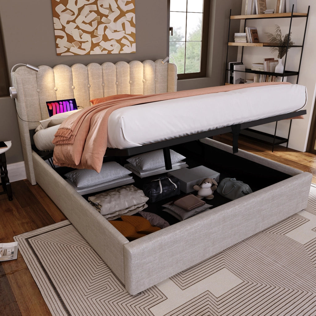 Letto matrimoniale 160x200 cm in tessuto lino naturale con lampada da lettura; USB e contenitore