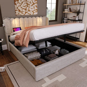 Letto matrimoniale 160x200 cm in tessuto lino naturale con lampada da lettura; USB e contenitore