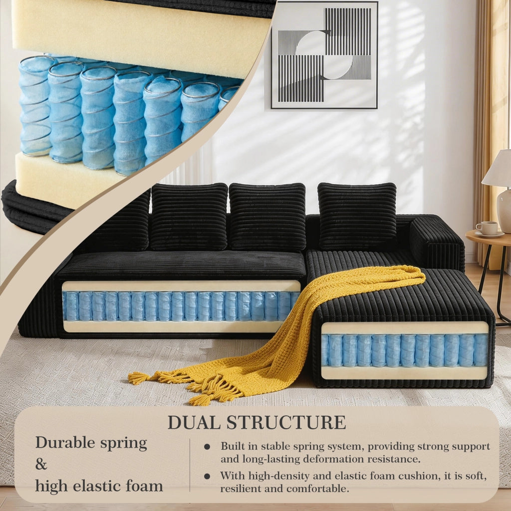 Divano modulare angolare con chaise longue reversibile e seduta profonda in corduroy nero