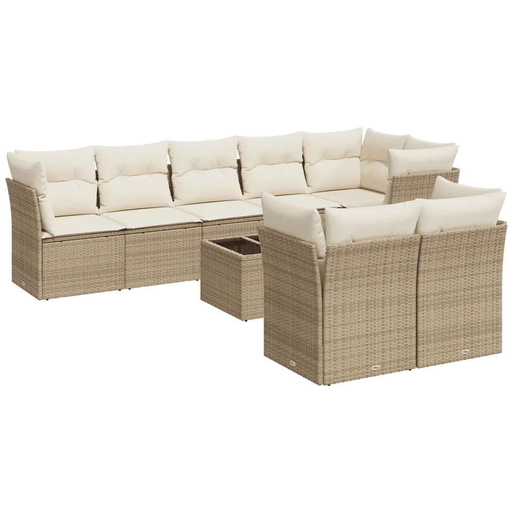 Set Divano da Giardino 9 pz con Cuscini Beige in Polyrattan