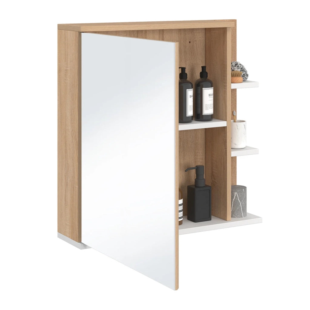 IDMarket - Pensile da bagno TOMI con specchio e mensole in faggio e bianco