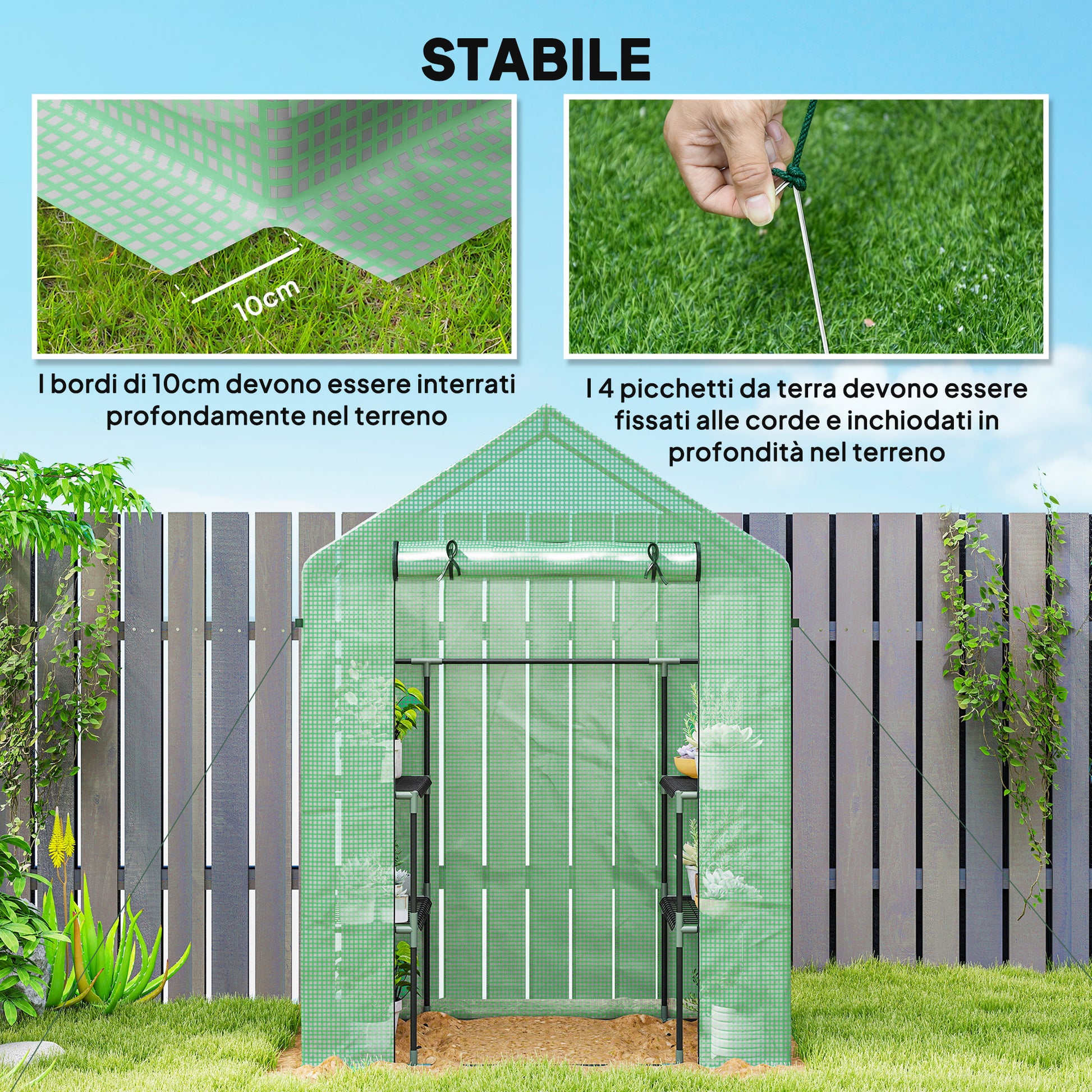 Serra da Giardino 142x73x195 cm con 2 Mensole a 3 Livelli e Ingresso a Zip in Acciaio e PE Verde