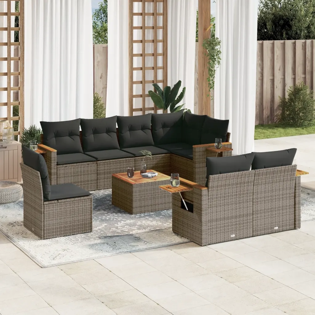 Set Divano da Giardino 9 pz con Cuscini Grigio in Polyrattan 3259414
