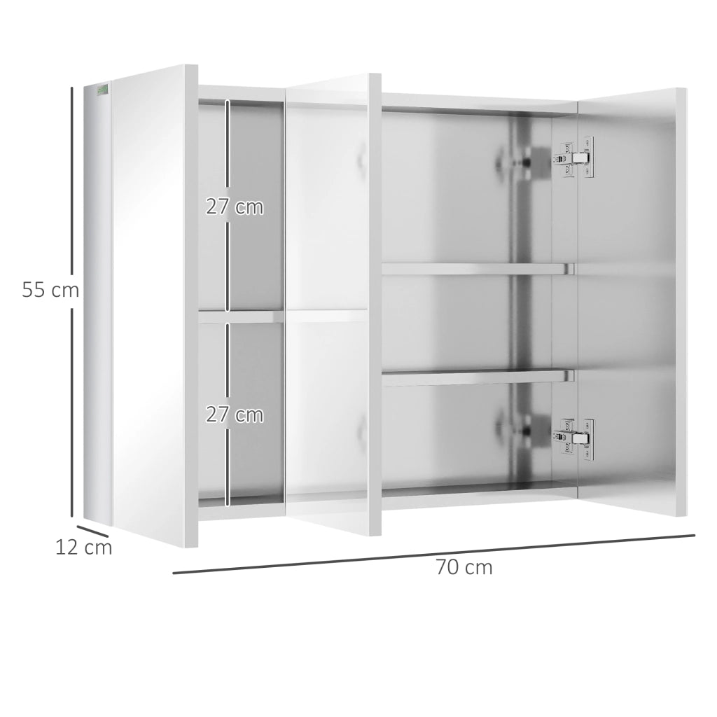 Mobiletto bagno con specchio a 3 ante e 3 ripiani interni, acciaio inox, 70x12x55 cm, argento