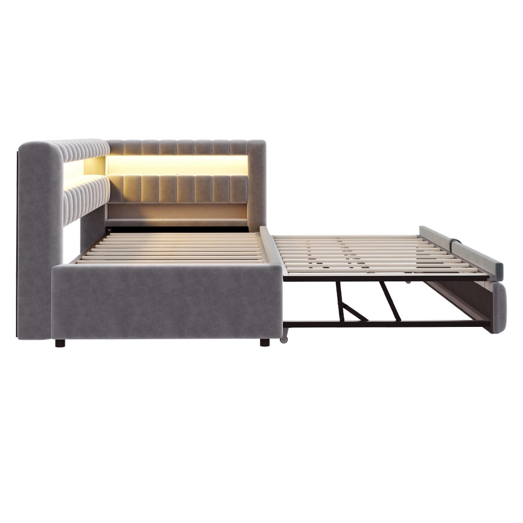 Divano letto imbottito estraibile 90x200 cm con LED, porta USB e vano portaoggetti, grigio