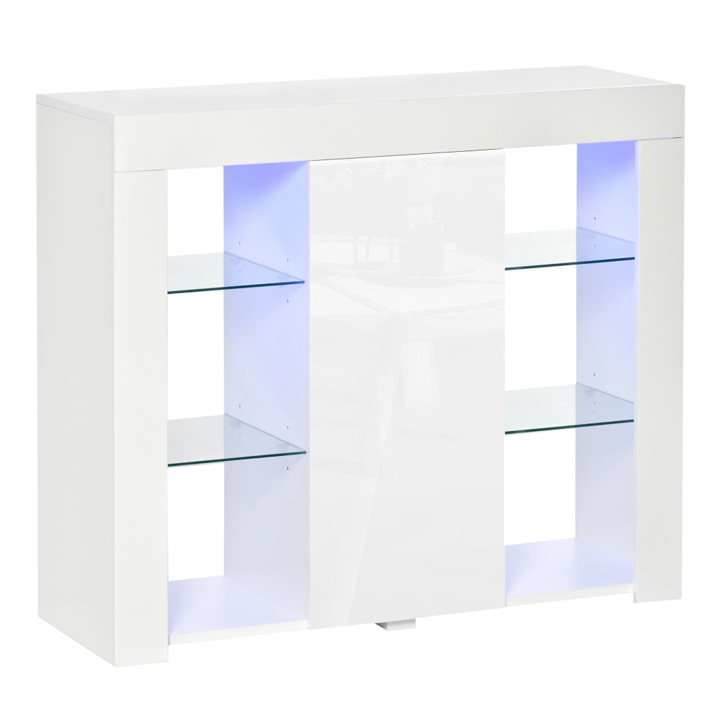 EasyComfort Credenza Moderna a Anta con Luci LED e Mensole in Vetro, Mobile Multiuso in Legno con Finitura Lucida, 97x35x83cm, Bianco