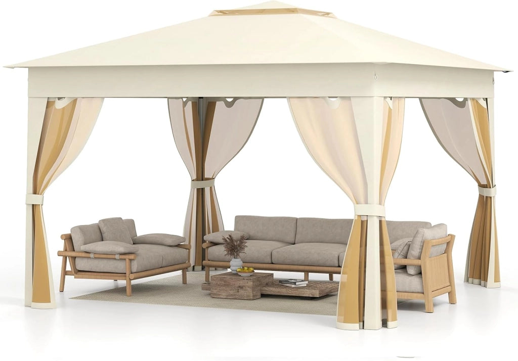 Gazebo Pieghevole 3,4 x 3,4 m con Zanzariera, Gazebo da Giardino con Tende Laterali, Tenda da Giardino Antivento Facile da Montare Resistente 210D con Borsa di Trasporto (Grigio)