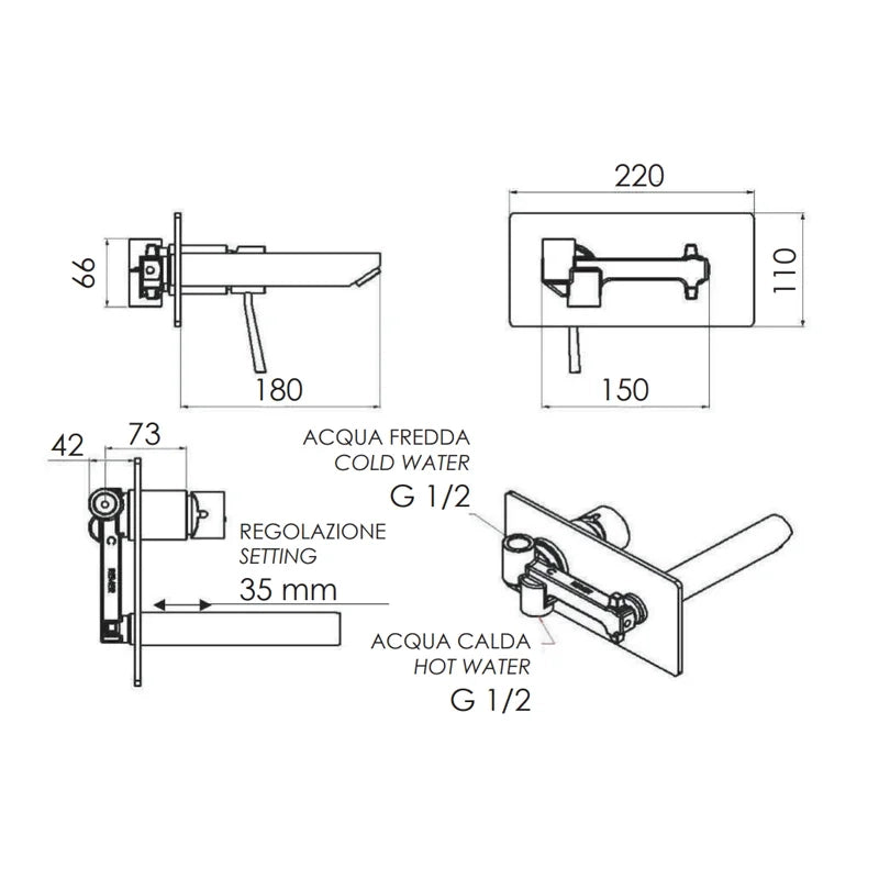 Miscelatore incasso per lavabo serie minimal finitura cromata