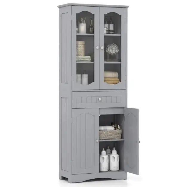 Robusto armadio alto 160 cm autoportante grigio con 2 ante in vetro temperato trasparente, 2 ripiani regolabili e cassetto