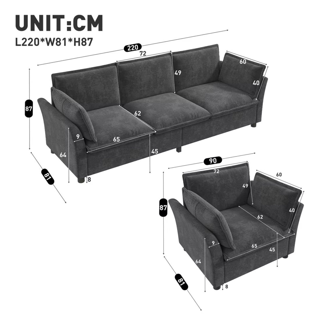Divano modulare 3 posti con 2 poltrone e cuscini per braccioli in chenille grigio per soggiorno, camera da letto o ufficio