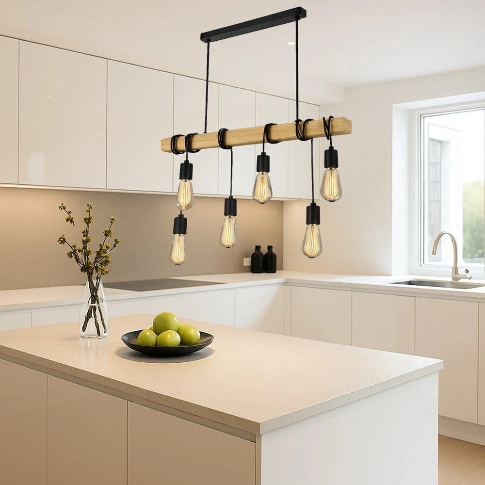 Trade Shop - Lampadario Sospensione Legno Stile Industriale 6 Portalampada E27 Lampada Cucina B47-6 -