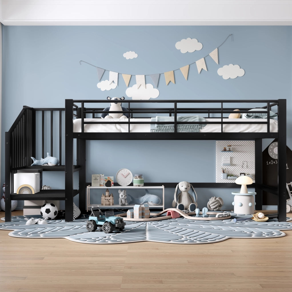 Letto a soppalco 90x200 cm nero in MDF e metallo; scala contenitore