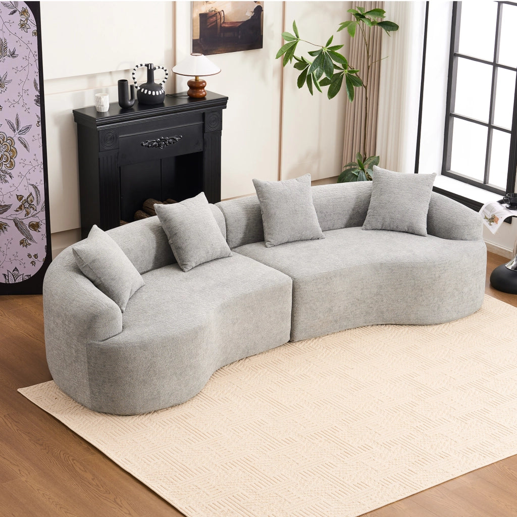Divano angolare modulare 4 posti in ciniglia con design curvo e seduta ampia, per salotto, grigio 275 × 115 × 63 cm